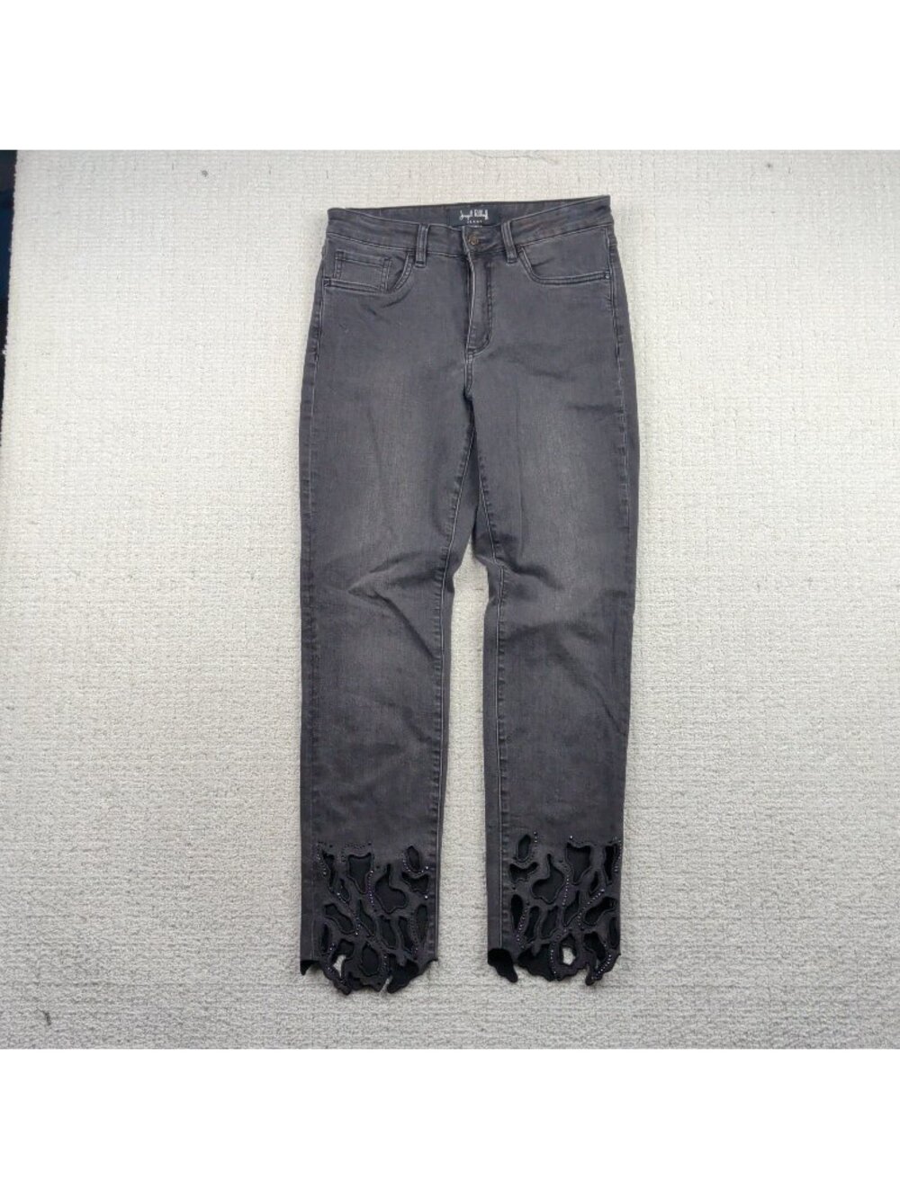 Joseph Ribkoff Dark Wash Jeans Cutout Ankle Studded Rhinestone Glam Mcbling Sz 8